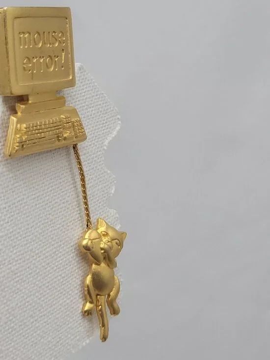 Vtg Signed JJ Brooch Mouse Error Gold-Tone Computer & Cat Dangling Pin Quirky 19 - Picture 4 of 10